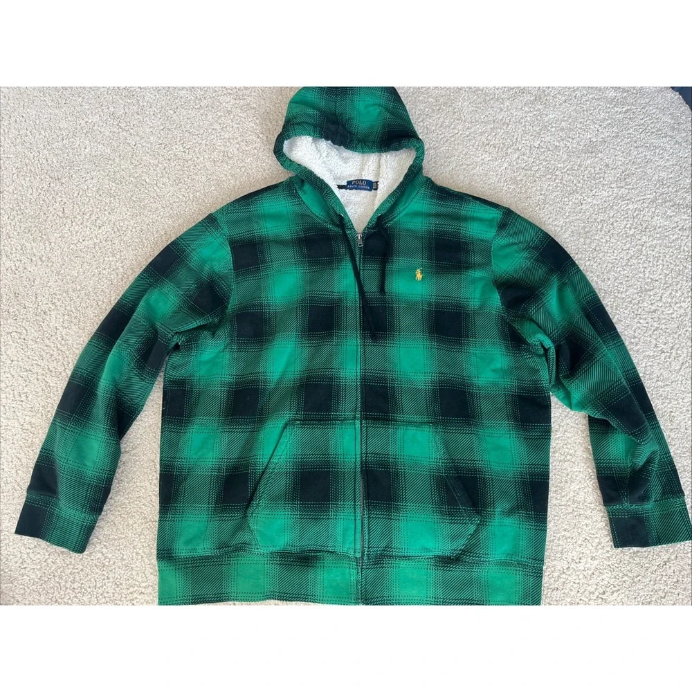 Polo Ralph Lauren Green Plaid Sherpa Lined Full Zip Hoodie XXL 710880186002